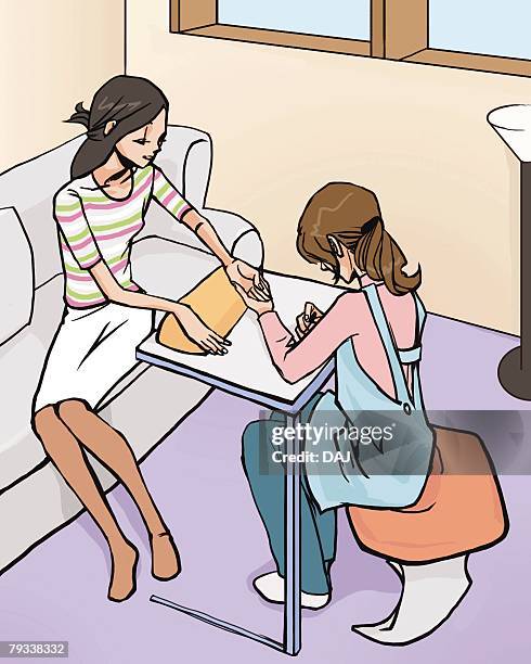 woman sitting on sofa and having a nail manicure in a nail salon, high angle view, illustrative technique - nail salon stock illustrations