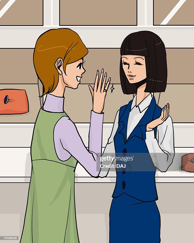 Woman talking with female clerk in jewelry store and trying on a ring, side view, front view, Illustrative Technique