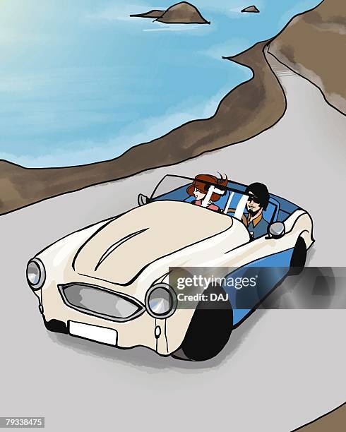 man and woman enjoying driving on seaside road, high angle view, illustrative technique - mid adult couple stock illustrations