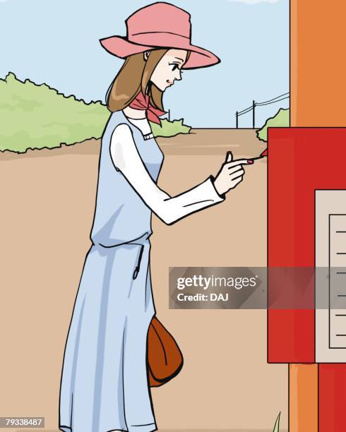 woman dropping a letter into a post box, side view, illustrative technique - holding postcard stock illustrations