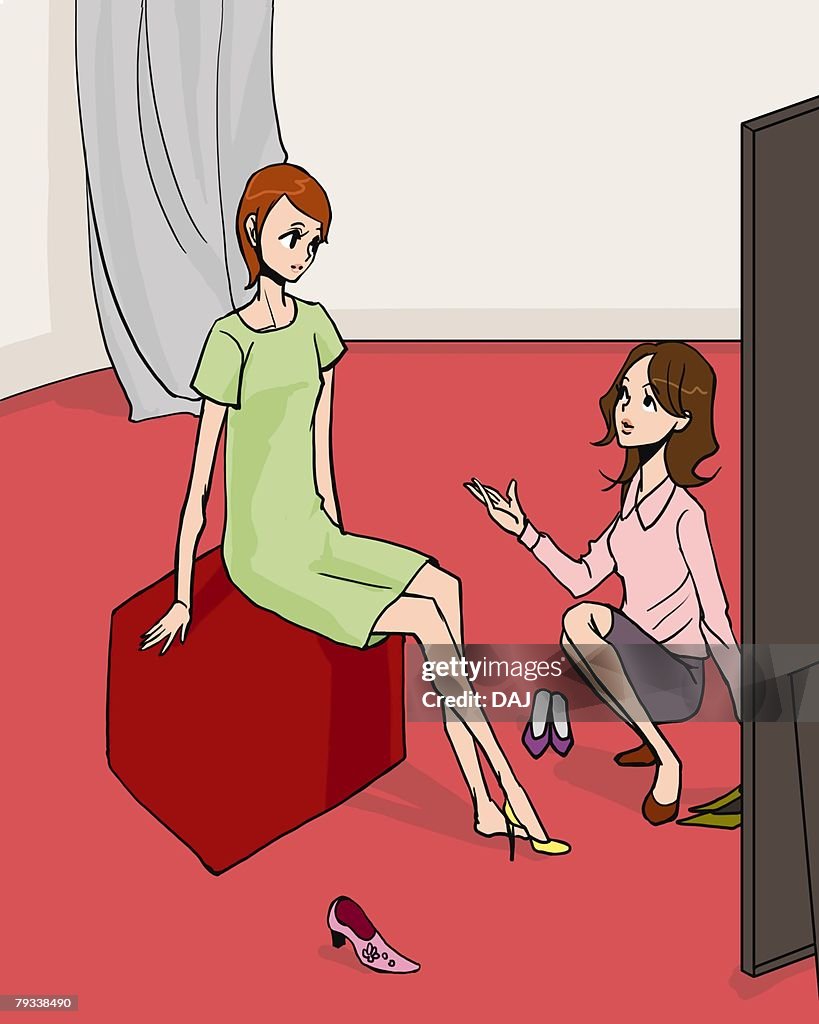 Woman talking with female clerk in shoe store and trying on shoes, side view, Illustrative Technique