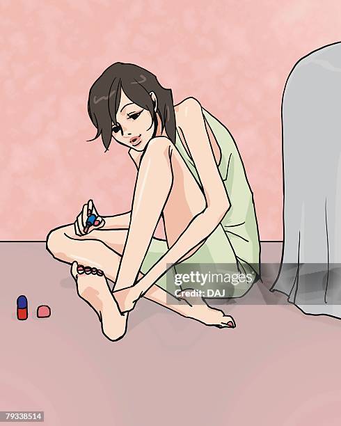 woman sitting on floor and painting toenails, side view, illustrative technique - woman painting toenails stock illustrations