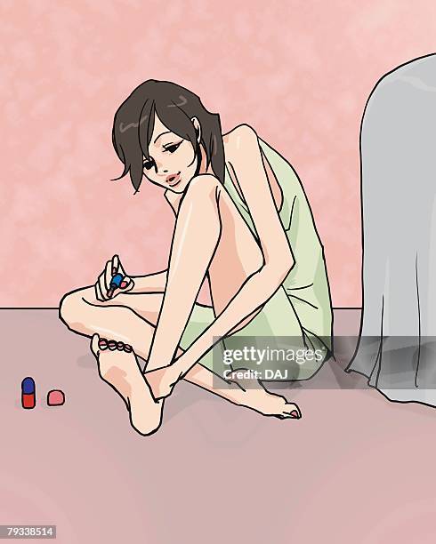 woman sitting on floor and painting toenails, side view, illustrative technique - touch toes stock illustrations