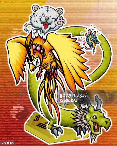 Turtle Dragon Red Chinese Phoenix And Tiger Front View Side View