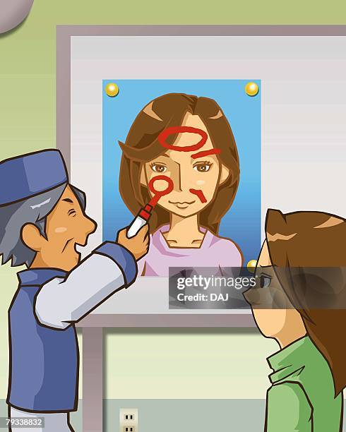 man explaining about physiognomy, side view - two people looking into the future stock illustrations