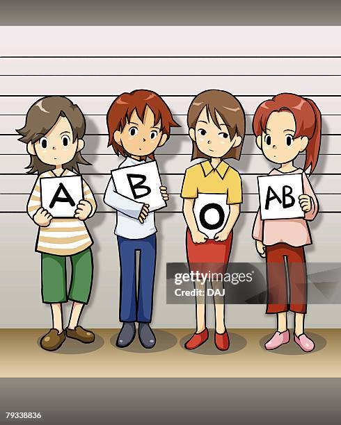 four woman standing side by side, holding papers written their blood type, front view - blood group stock-grafiken, -clipart, -cartoons und -symbole