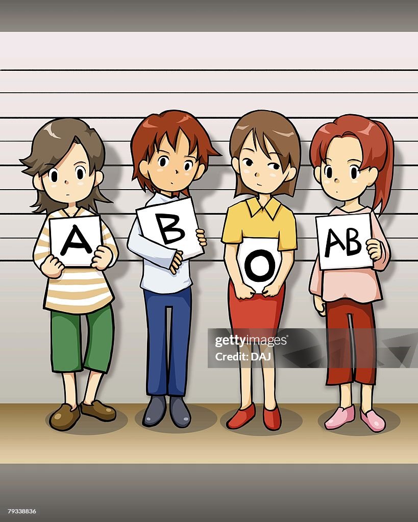 Four woman standing side by side, holding papers written their blood type, front view