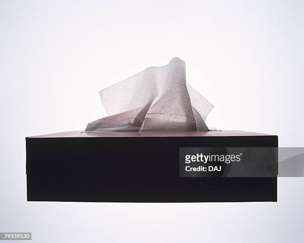 box of tissue paper in dispenser, front view, white background - tissue softness stock pictures, royalty-free photos & images