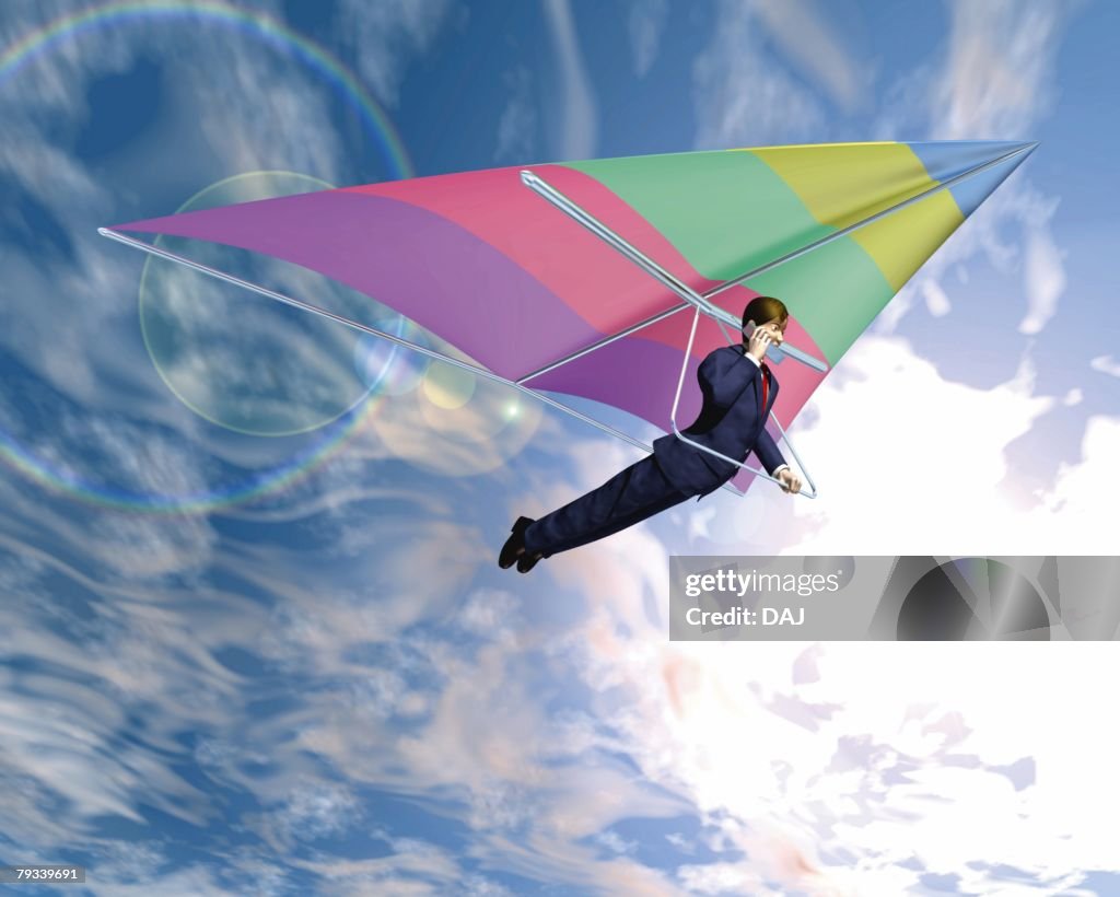 Businessman hang gliding, CG, 3D, Illustration, Low Angle View, Lens Flare