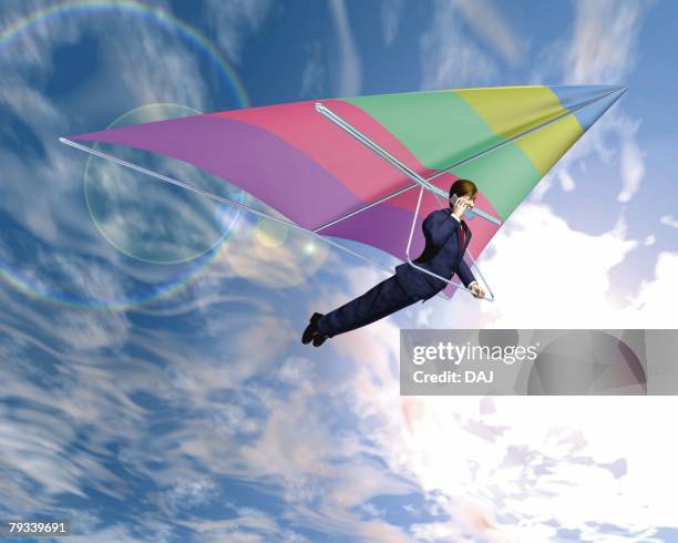 Businessman Hang Gliding Cg 3d Illustration Low Angle View Lens Flare High-Res Vector Graphic