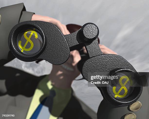 man with binocular, cg, 3d, illustration, close up, differential focus - headshot gray background stock illustrations