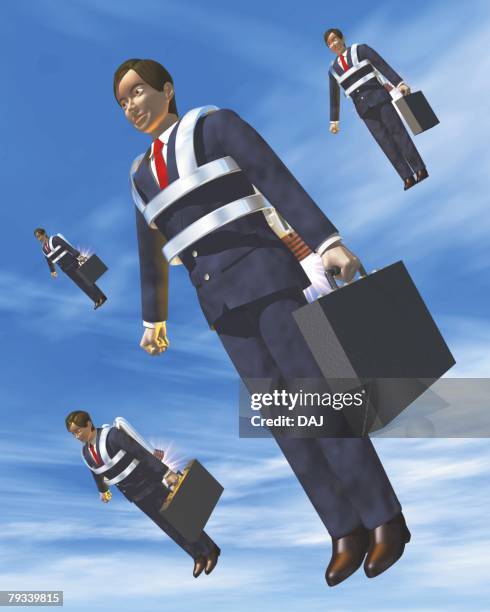 flying businessmen, cg, 3d, illustration, low angle view - rocket landing stock illustrations