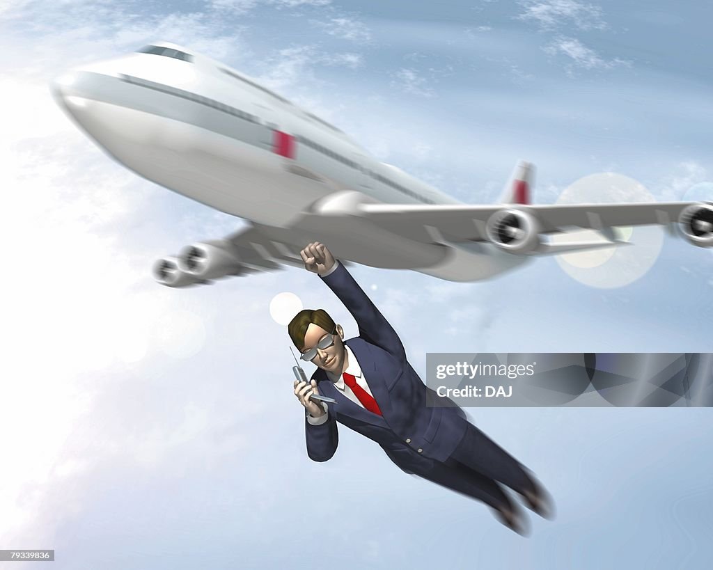 Aiplane and businessman flying, CG, 3D, Illustration, Low Angle View, Lens Flare