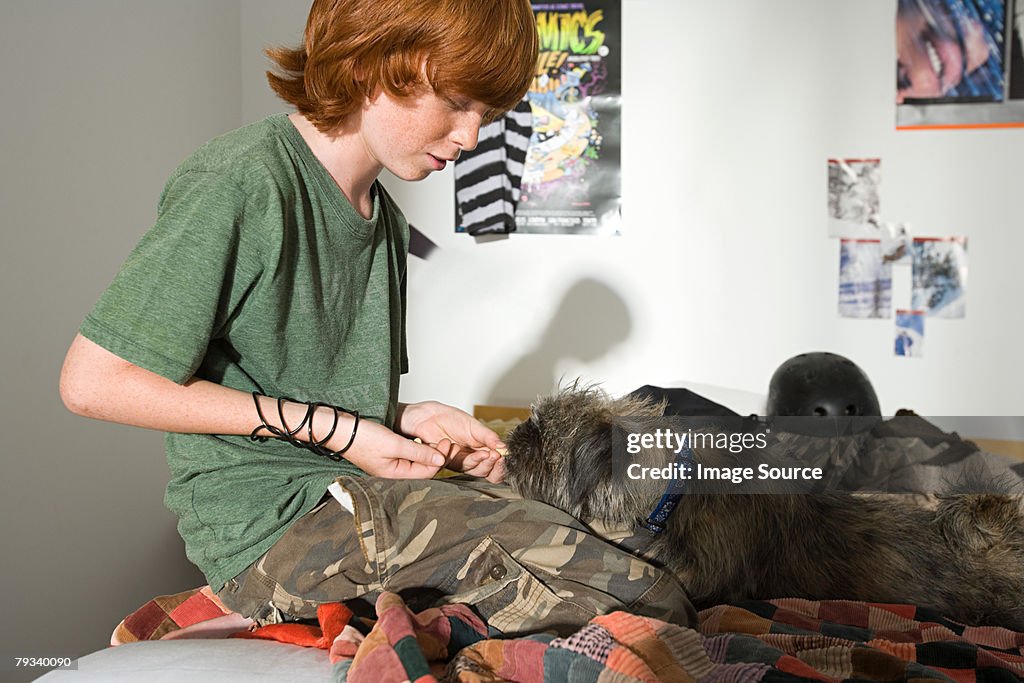 A boy feeding his dog