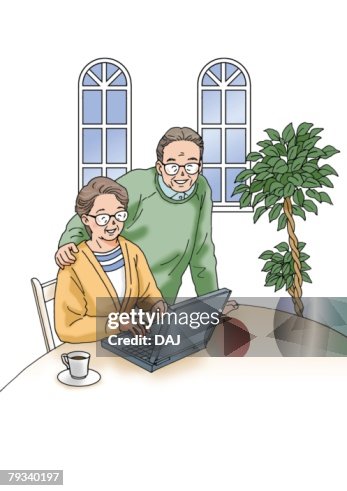 Senior couple using a computer, Illustration, High Angle View Senior couple using a computer, Illustration, High Angle View