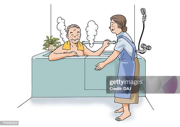 stockillustraties, clipart, cartoons en iconen met senior adult man having a bath, illustration, side view - senioren in bad