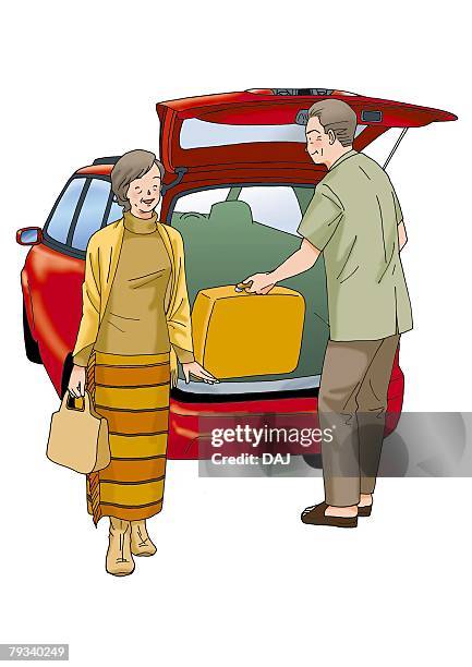 senior couple going for a drive, illustration, front view, side view - loading car stock illustrations