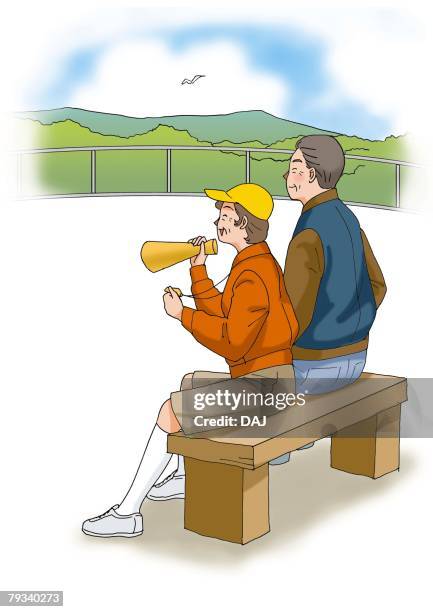 senior couple sitting on a bench, illustration, side view - retired couple bench stock illustrations