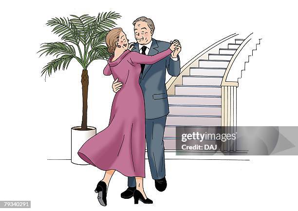 senior couple dancing, illustration, front view, side view - old couple dancing stock illustrations