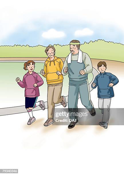 grandparents and grandchildren jogging, illustration, front view - asian couple exercise stock illustrations