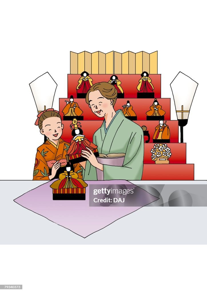 Grandmother and Granddaughter celebrating Japanese Doll Festival, Illustration, Front View