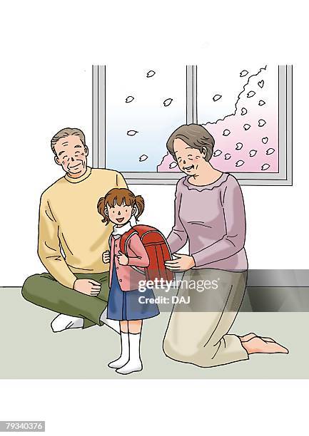 grandparents and grandchild, illustration, front view, side view - enkel object stock-grafiken, -clipart, -cartoons und -symbole