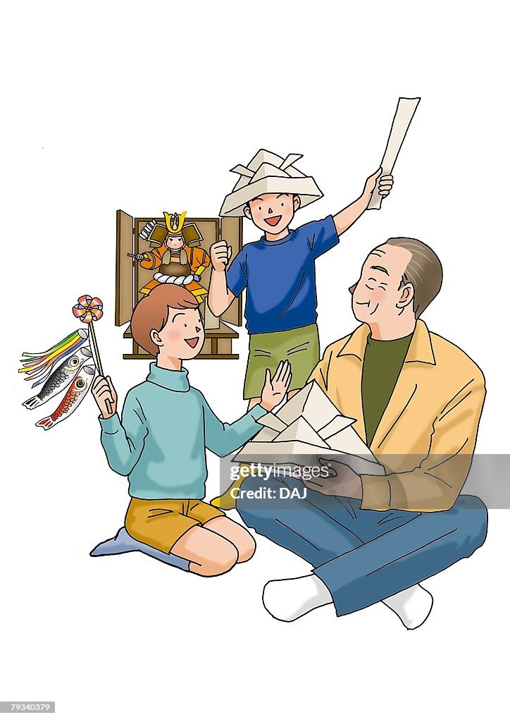 Grandfather and grandchildren celebrating Childrens Day, Illustration, Front View, Side View