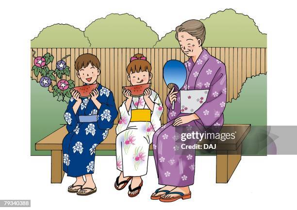 grandmother and grandchildren, illustration, front view - fans eating stock illustrations
