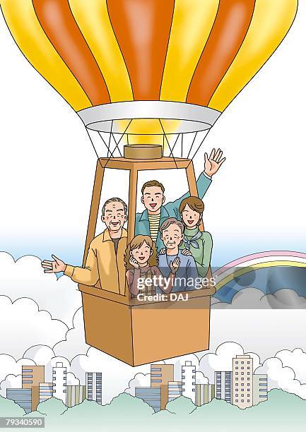 family on a fire balloon, illustration, front view - three generations white background stock illustrations