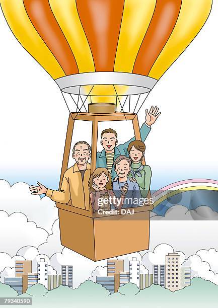 family on a fire balloon, illustration, front view - urban mother and daughter stock illustrations