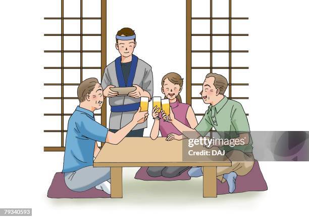 senior adults drinking beers, illustration, front view, side view - sliding door stock illustrations