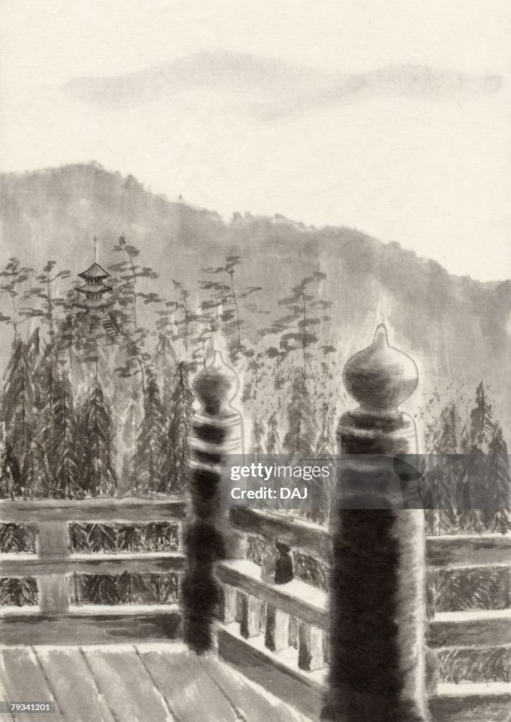 Abstract Mountain Railing Railing And Mountain Scenery Ink Painting Vignette High-Res Vector ...