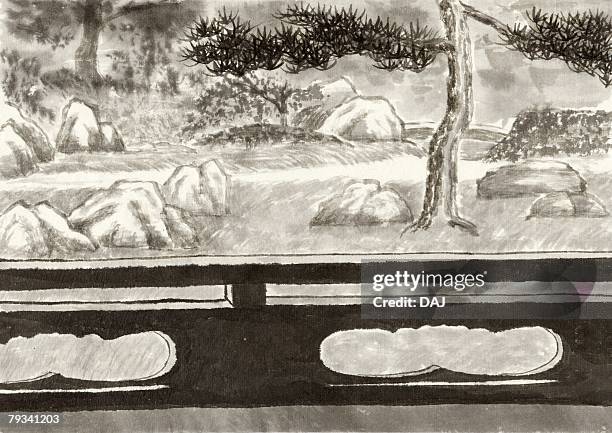 railing and japanese garden, ink painting, vignette - oriental garden stock illustrations