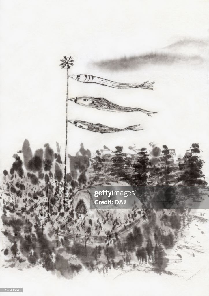 Koinobori, Ink Painting, Vignette