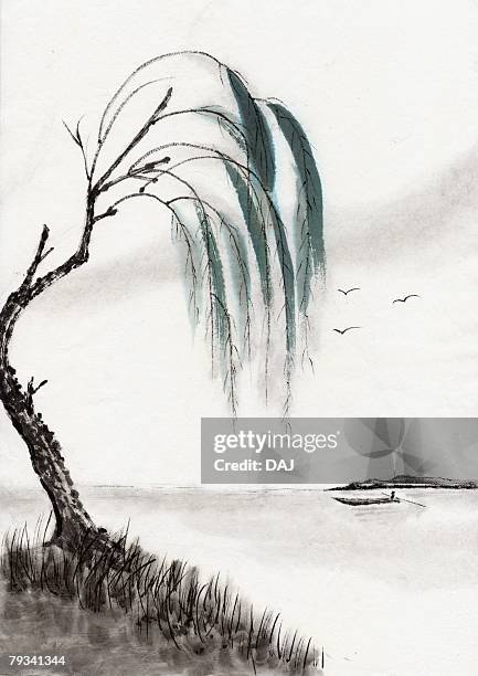 willow and river, ink painting, vignette - willow tree stock illustrations