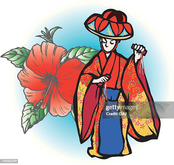 yotsutake dance, woodcut, okinawa prefecture, japan - okinawa prefecture stock illustrations