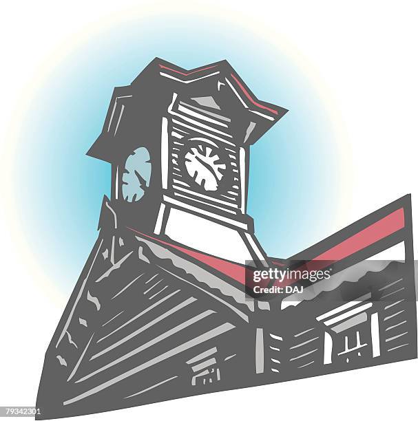 clock tower, woodcut, hokkaido, japan, low angle view - sapporo clock tower stock illustrations