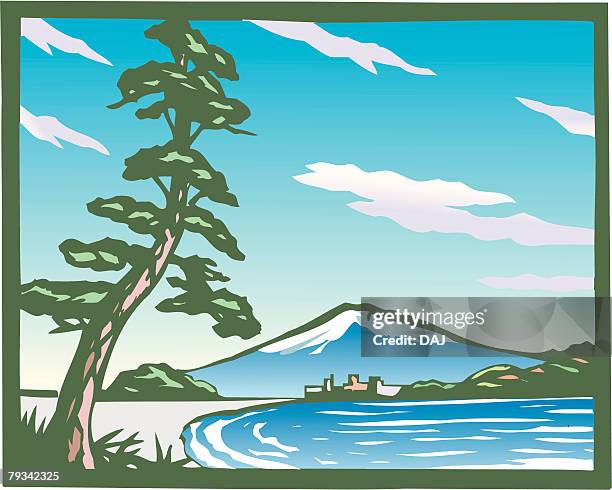 distant view of mountain fuji, woodcut, shizuoka prefecture, japan - japanese tree drawing stock illustrations