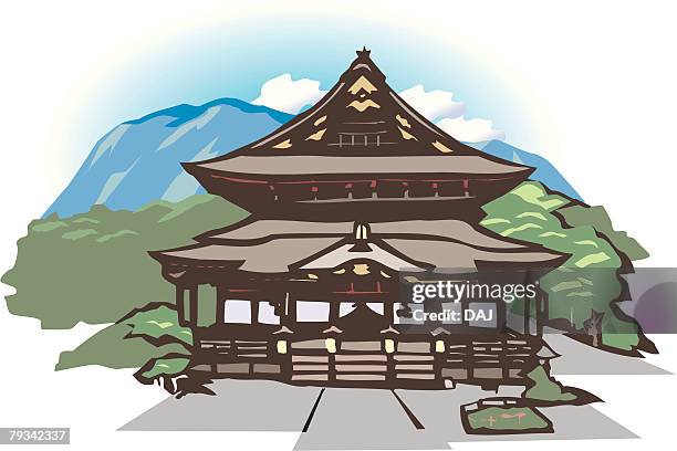 zenkou temple, woodcut, naogano prefecture, japan - nagano japan stock illustrations