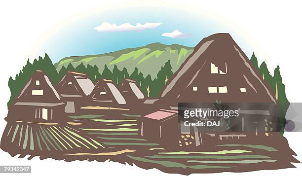 steep rafter roof village, woodcut, toyama prefecture, gifu prefecture, japan - toyama prefecture stock-grafiken, -clipart, -cartoons und -symbole
