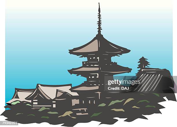 kiyomizu temple, woodcut, kyoto, japan - kiyomizu dera temple stock-grafiken, -clipart, -cartoons und -symbole