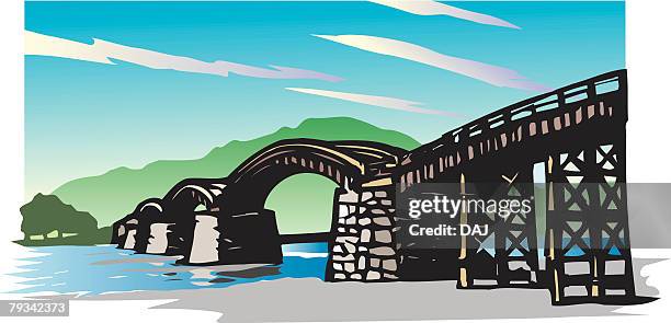 nishikiobi bridge, woodcut, low angle view, yamaguchi prefecture, japan - yamaguchi点のイラスト素材／クリップアート素材／マンガ素材／アイコン素材