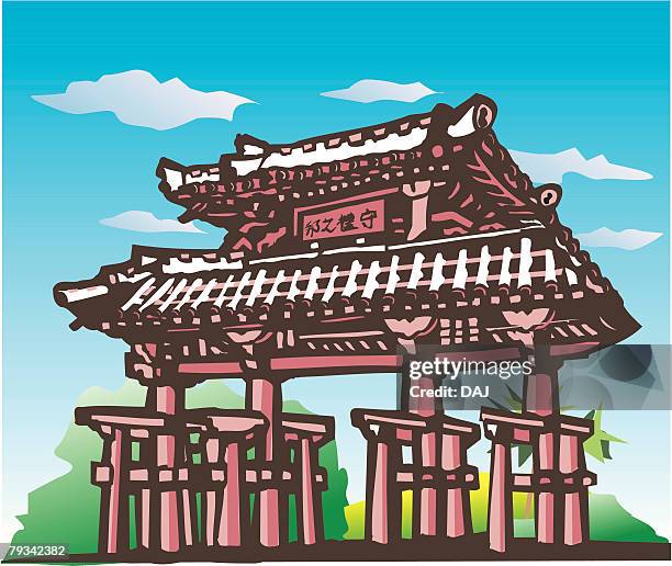 shurei gate, woodcut, okinawa prefecture, japan - okinawa prefecture stock illustrations