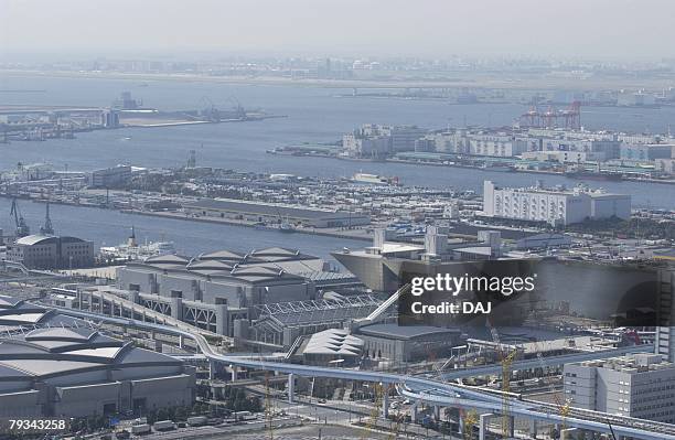 tokyo international exhibition hall, aerial view, pan focus - tokyo big sight stock pictures, royalty-free photos & images