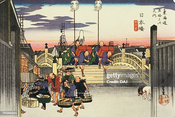 scenery of nihonbashi in edo period, painting, woodcut, japanese wood block print - mensch im hintergrund stock-grafiken, -clipart, -cartoons und -symbole