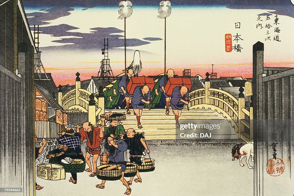 Scenery of Nihonbashi in Edo Period, Painting, Woodcut, Japanese Wood Block Print