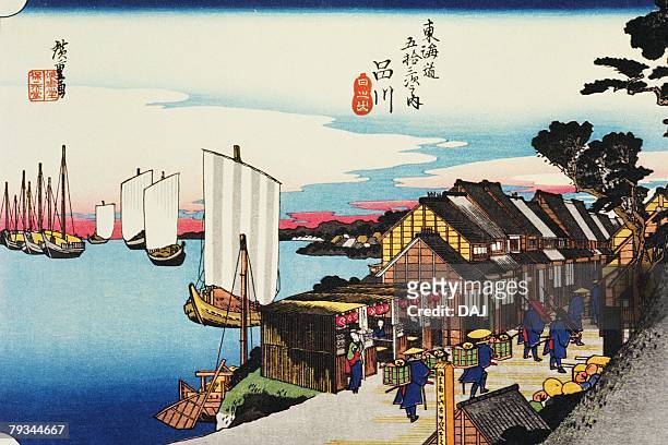 scenery of shinagawa in edo period, painting, woodcut, japanese wood block print - edo period 幅插畫檔、美工圖案、卡通及圖標
