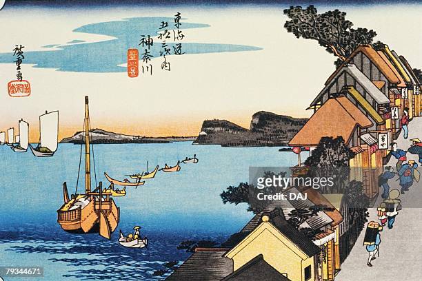 stockillustraties, clipart, cartoons en iconen met scenery of kanagawa in edo period, painting, woodcut, japanese wood block print - kanagawa