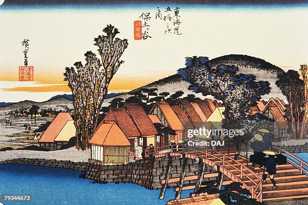 scenery of hodogaya in edo period, painting, woodcut, japanese wood block print - traditional japanese painting stock illustrations