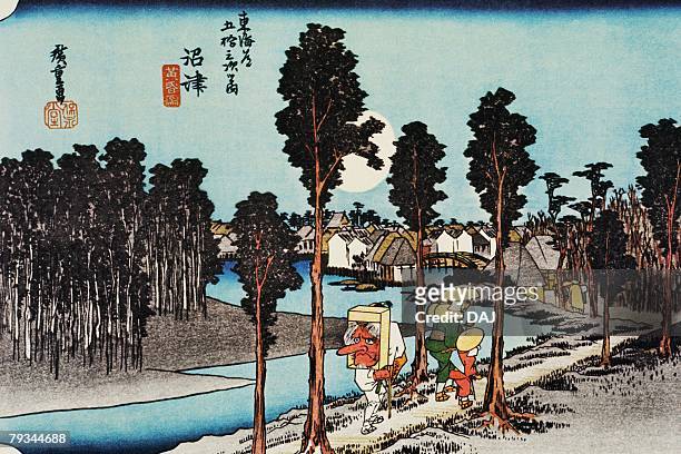 ilustrações, clipart, desenhos animados e ícones de scenery of numazu in edo period, painting, woodcut, japanese wood block print, rear view - edo period